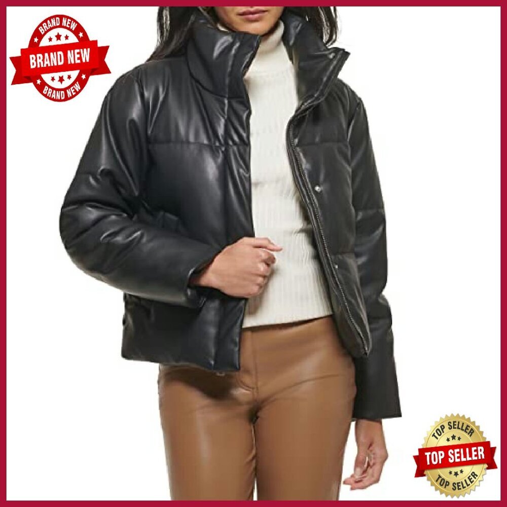 Quilted Vegan Leather Puffer Jacket Cropped Water-Resistant Women's Size - Picture 2 of 8